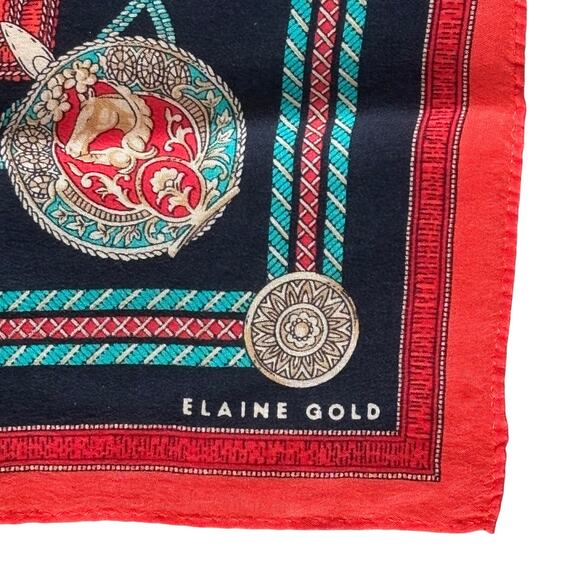 Elaine Gold designer silk scarf 1980’s orange gold coins medallions 29” square - Picture 5 of 9